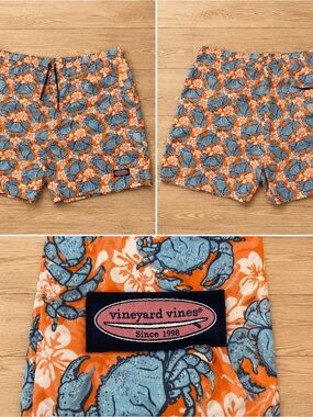 🦀 Vineyard Vines Orange Swim Shorts with Blue Crab Pattern